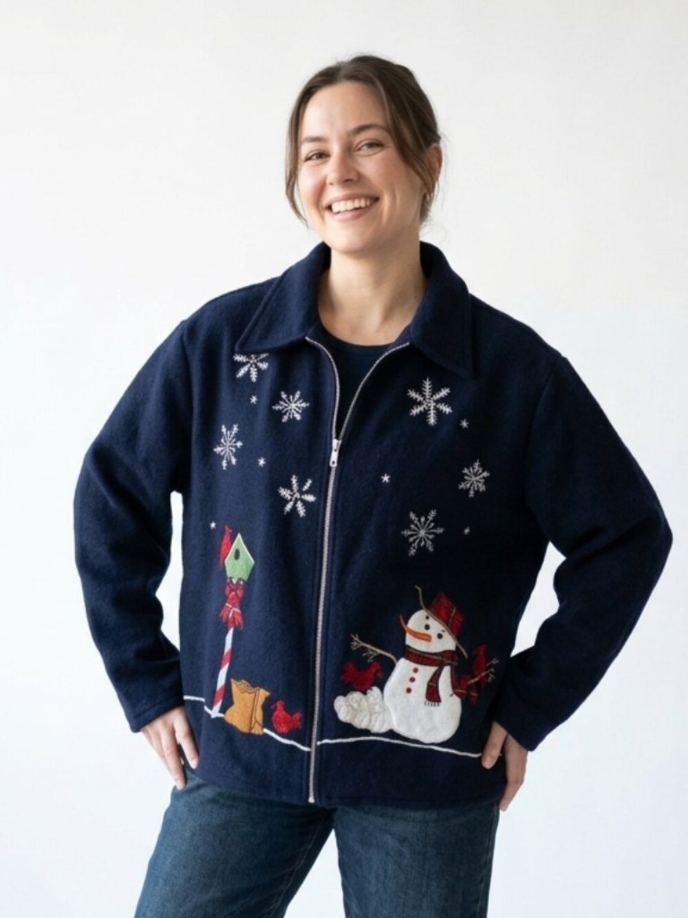 Take Two Jacket Navy Wool Winter Christmas Snowman Art Teacher XL
